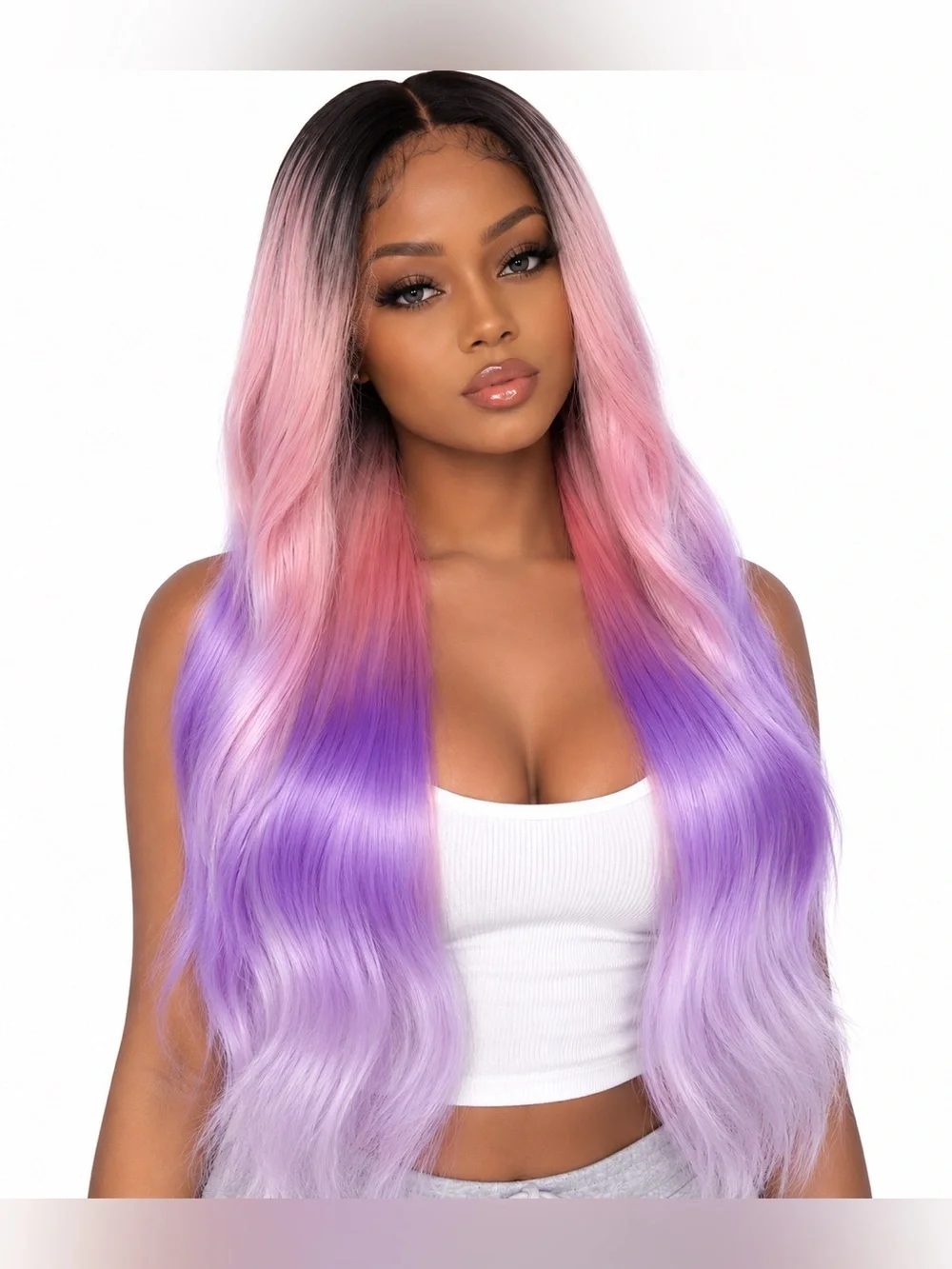 Long Ombre Pink to Purple Synthetic Lace Front Wig - middle part 26 inches long